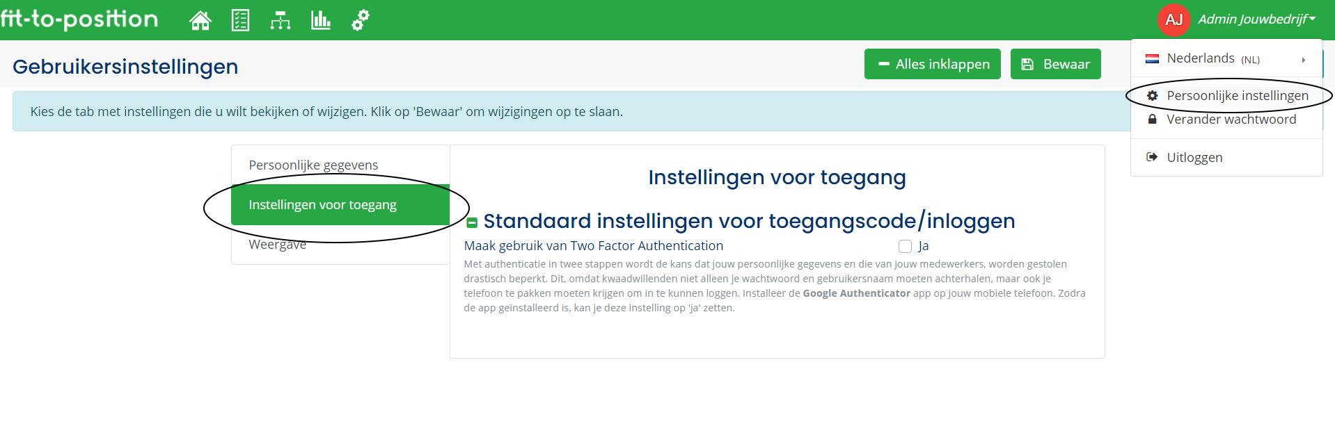persoonlijke instellingen two factor authentication